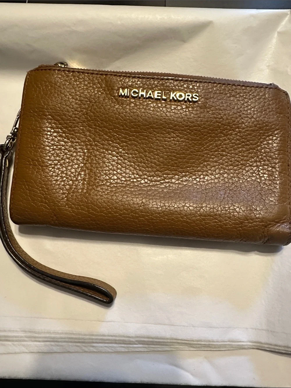 Michael Kors Brown Leather Wristlet Wallet Zip Around Clutch Wrist Strap